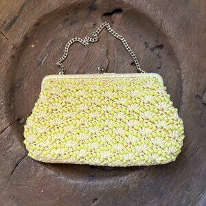 Vintage ADG butter yellow raffia beaded purse clutch party handbag 10 x 6 x 2 in